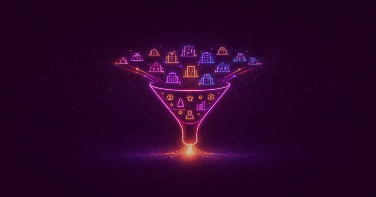 Neon colored image of a wide incoming flow of potential companies narrowing into a structured sales funnel.