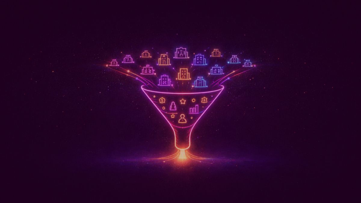 Neon colored image of a wide incoming flow of potential companies narrowing into a structured sales funnel.