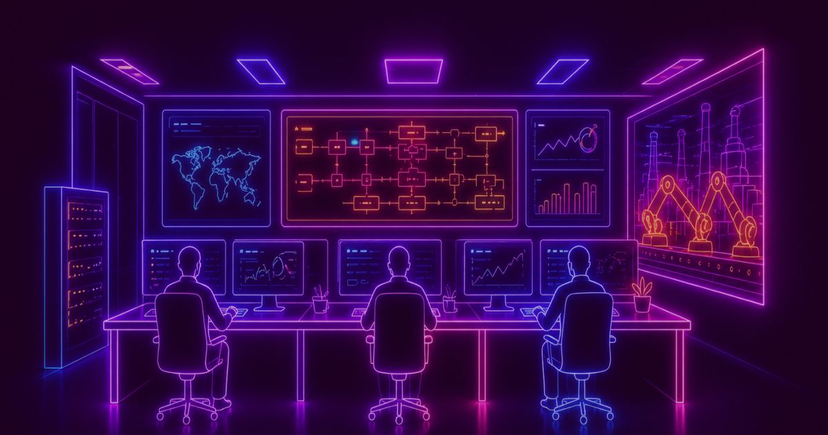 Neon colored image of an industrial control room / operations center. Three operators sitting at a long desk facing multiple computer screens.