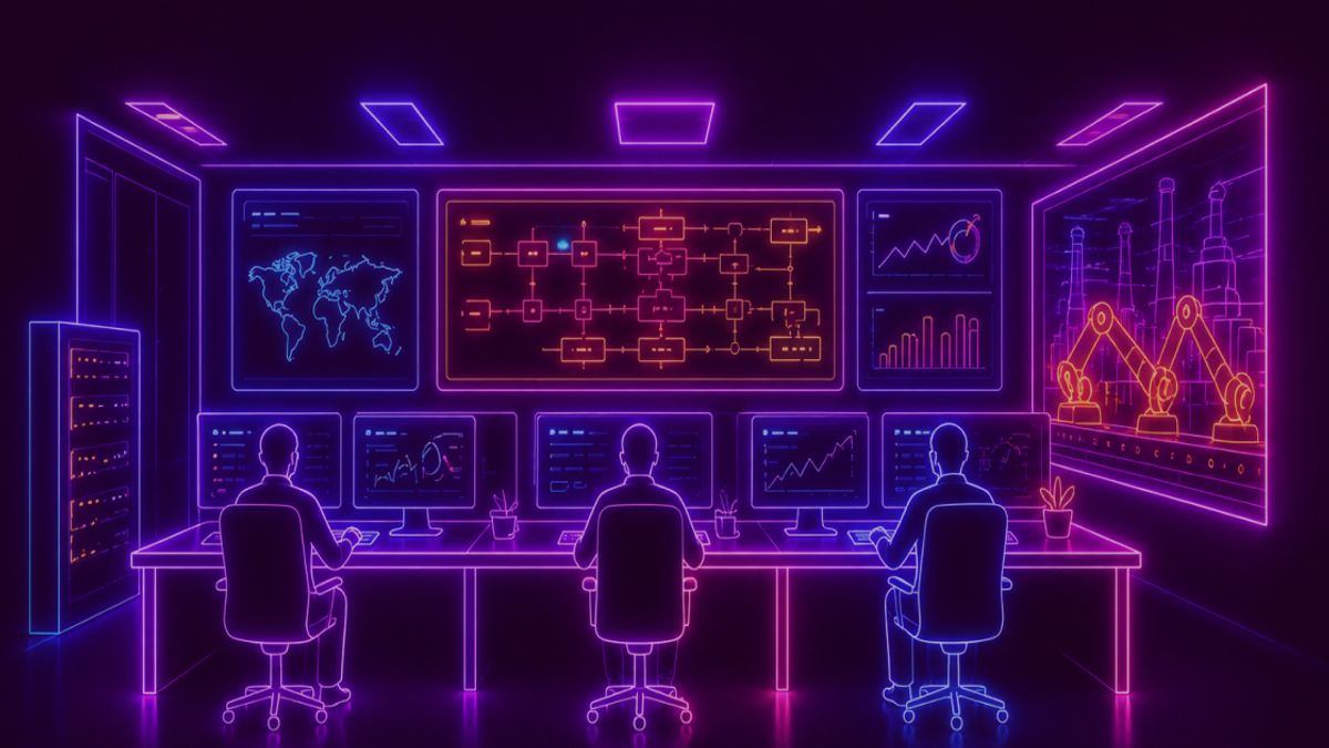 Neon colored image of an industrial control room / operations center. Three operators sitting at a long desk facing multiple computer screens.