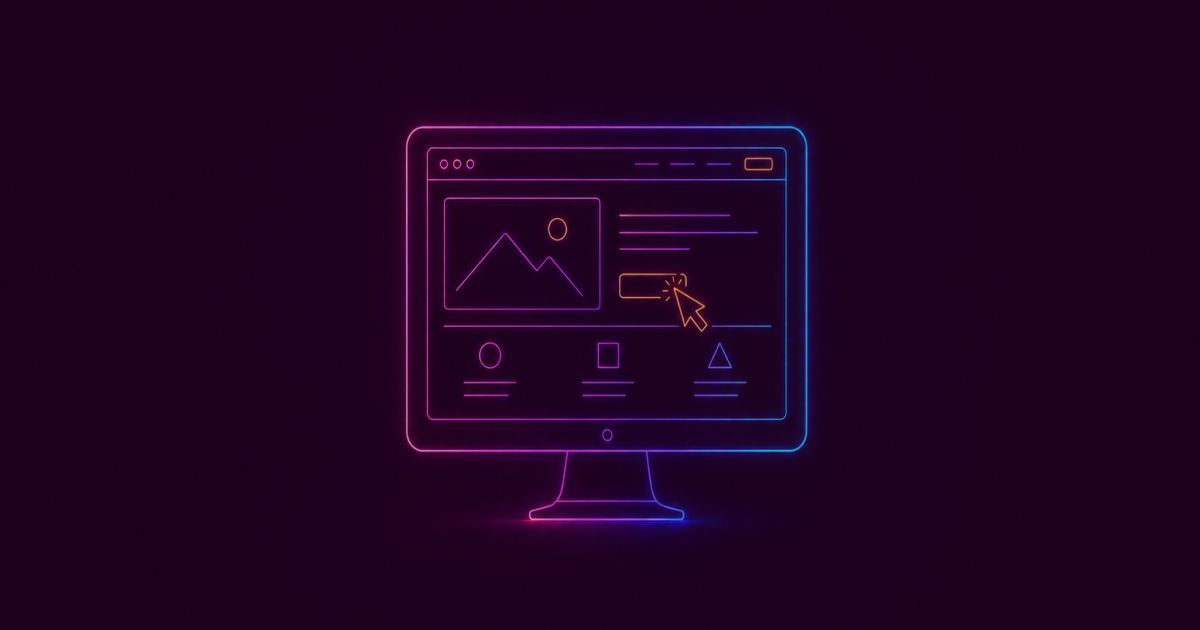 Neon colored image of a esktop computer monitor showing a minimal website interface with a cursor interacting with elements.