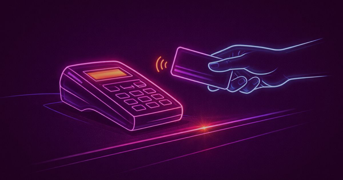Neon colored image of a payment interaction: a minimal point-of-sale scene with a payment terminal and a hand holding a card or phone approaching it. Subtle outline of a counter or desk.