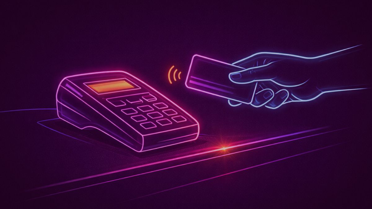 Neon colored image of a payment interaction: a minimal point-of-sale scene with a payment terminal and a hand holding a card or phone approaching it. Subtle outline of a counter or desk.