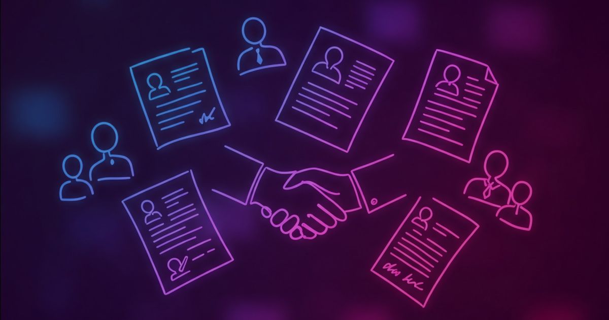 Neon colored image of a hiring process in motion, resumes flying and a handshake taking place.