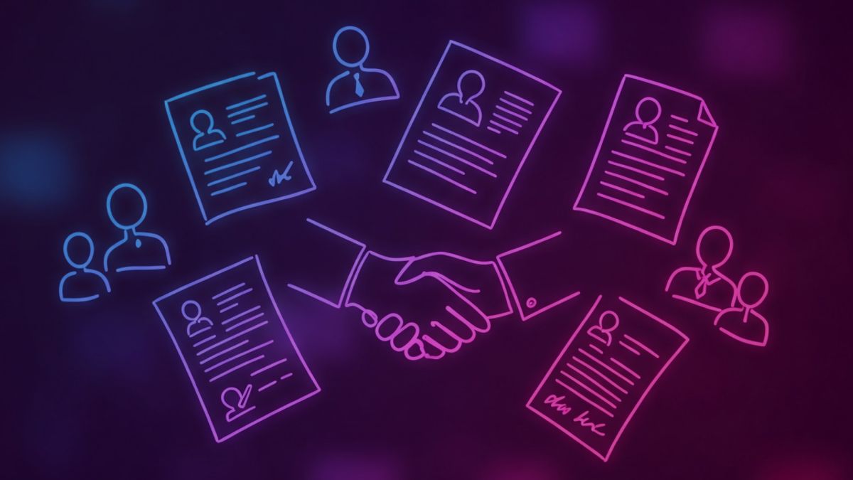 Neon colored image of a hiring process in motion, resumes flying and a handshake taking place.