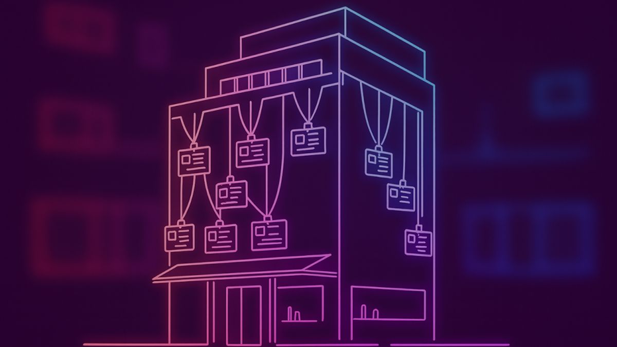 Neon colored image of a building (representing business) that has multiple name tags attached to it (without text)
