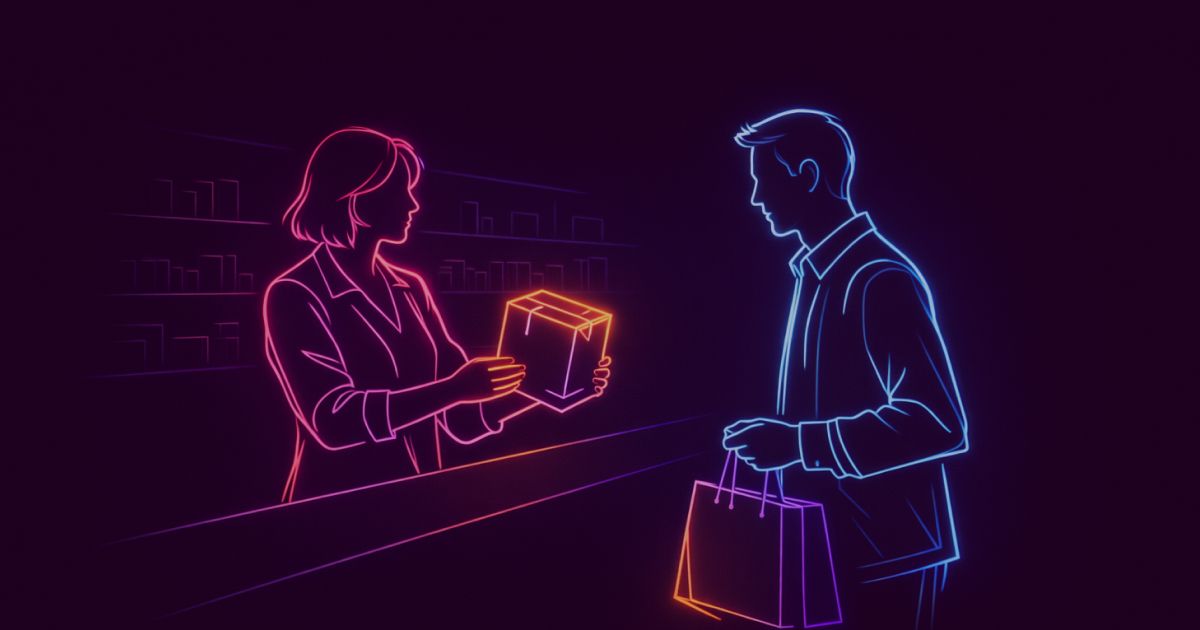 Neon colored image of a salesperson presenting a product box to a customer across a counter.