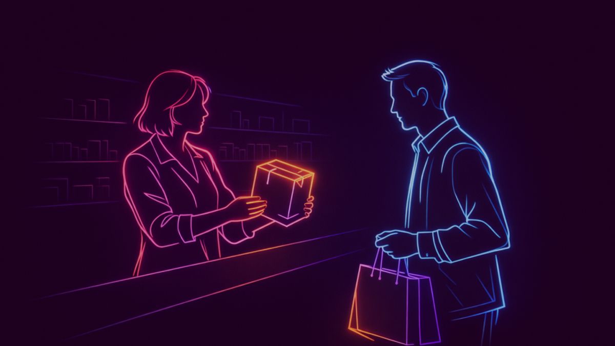 Neon colored image of a salesperson presenting a product box to a customer across a counter.