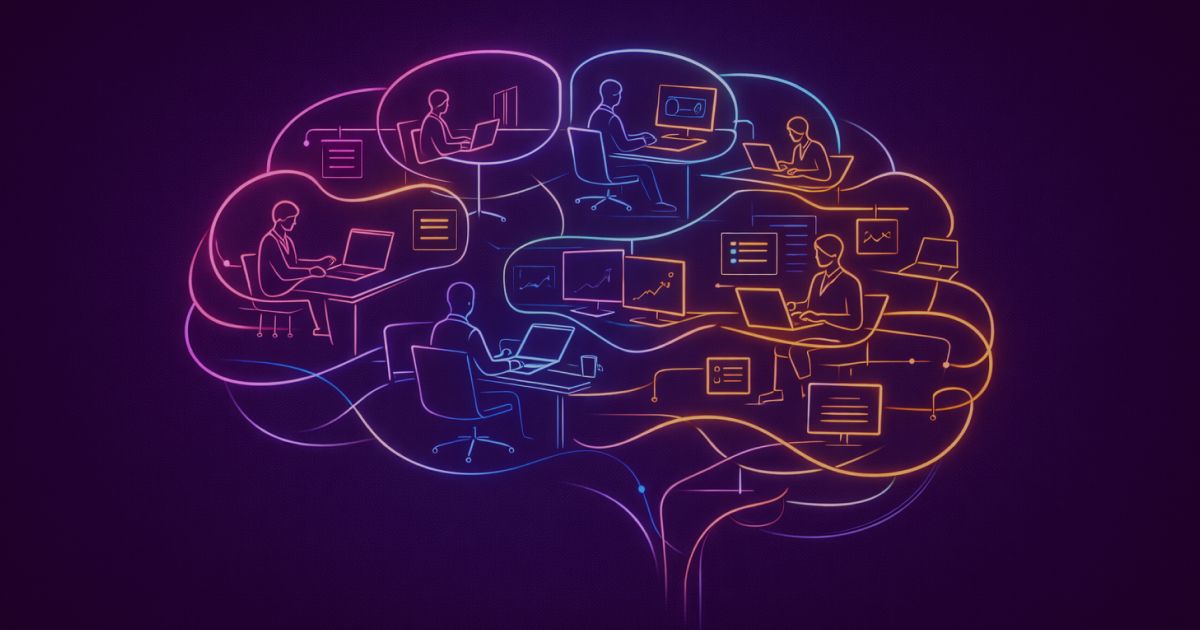 Neon colored image of an abstract brain shape made of office desks, laptops and screens interconnected with flowing lines.