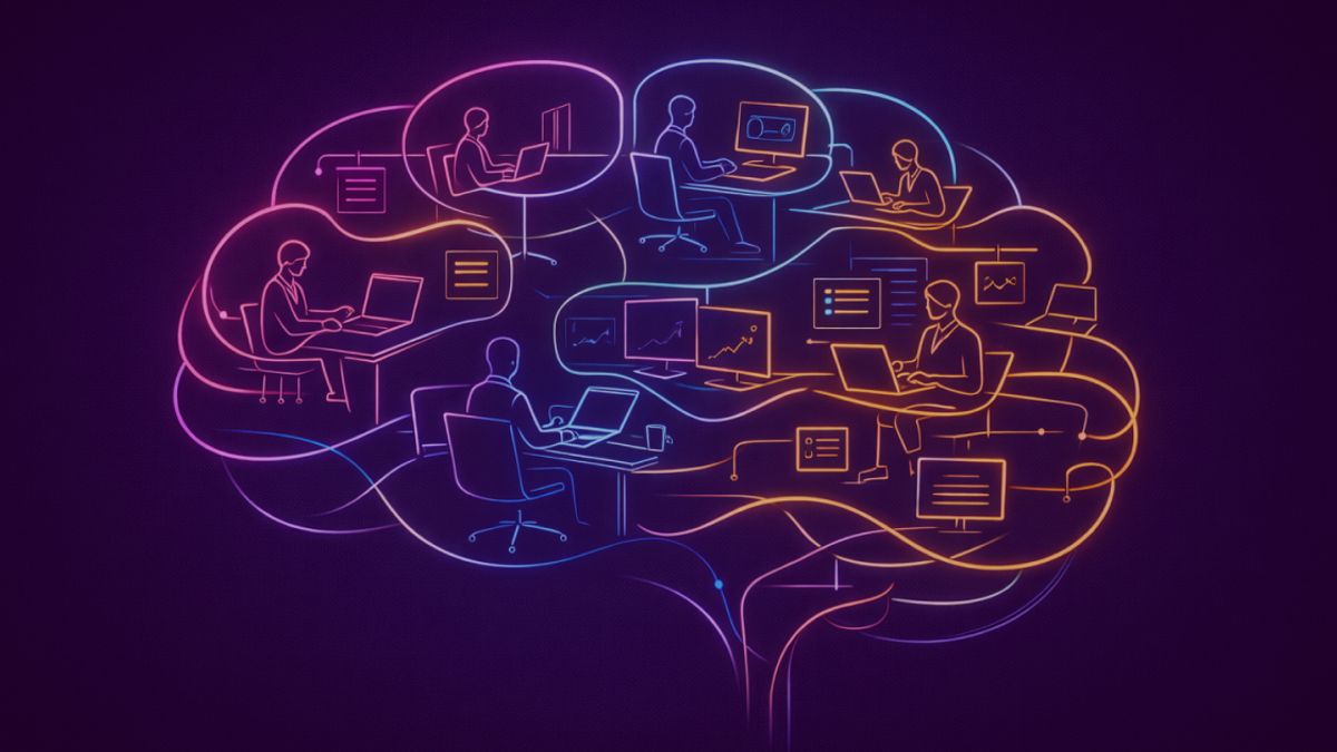 Neon colored image of an abstract brain shape made of office desks, laptops and screens interconnected with flowing lines.