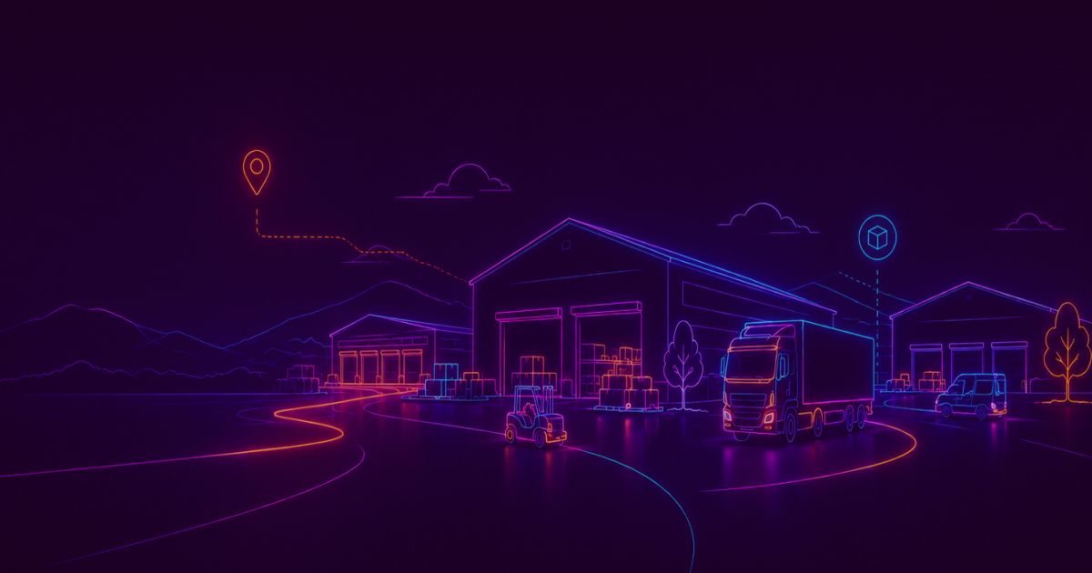Neon colored image of multiple warehouse buildings positioned across a landscape with delivery vehicles and logistics elements.