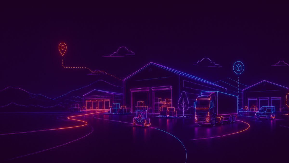 Neon colored image of multiple warehouse buildings positioned across a landscape with delivery vehicles and logistics elements.