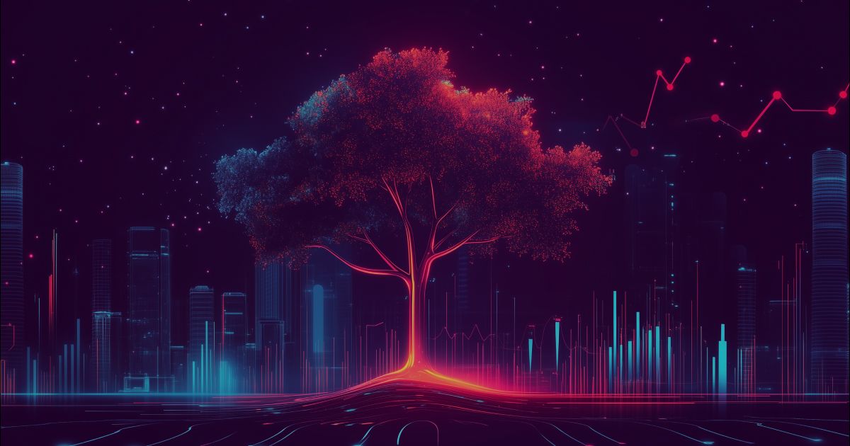 Neon colored image of a tree with business elements (buildings and graphs) in the background