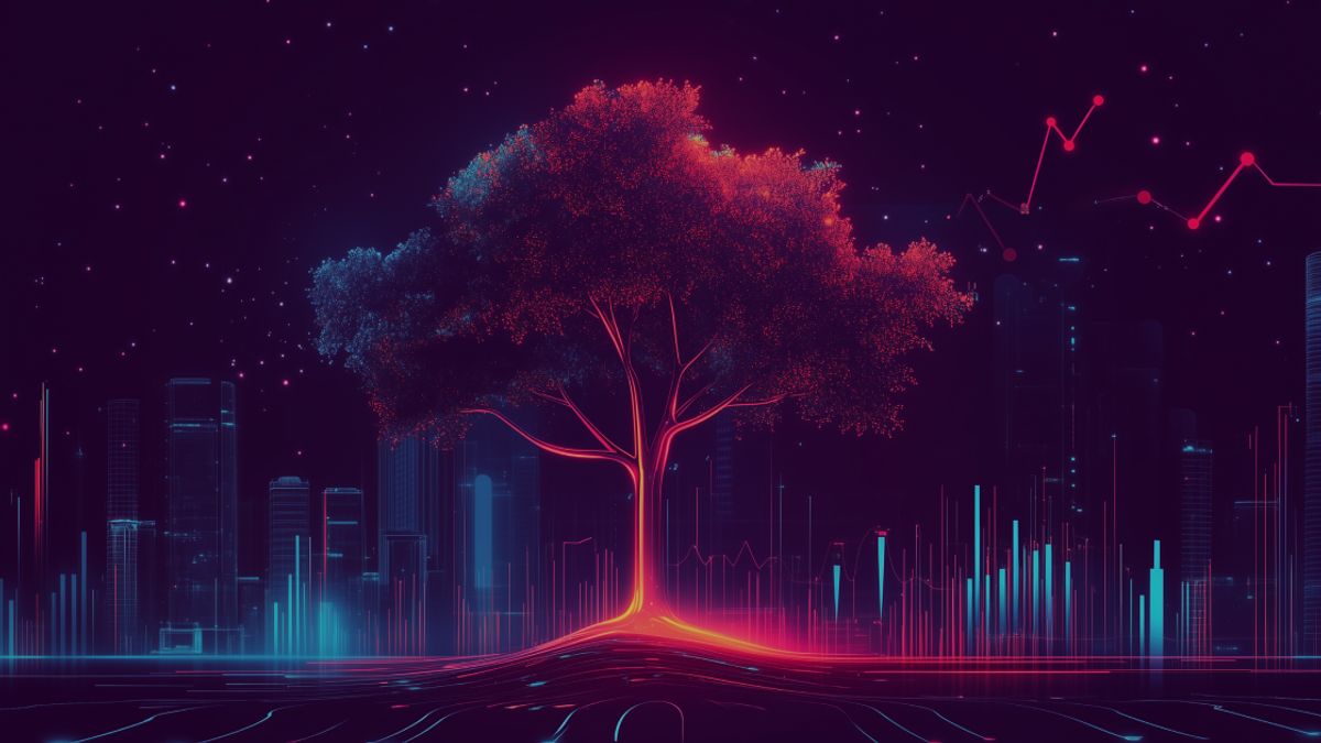 Neon colored image of a tree with business elements (buildings and graphs) in the background