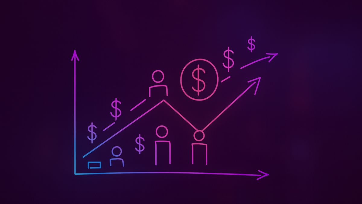 Neon colored image of a flowing chart with human icons and dollar symbols, representing the impact of personnel costs on financials.