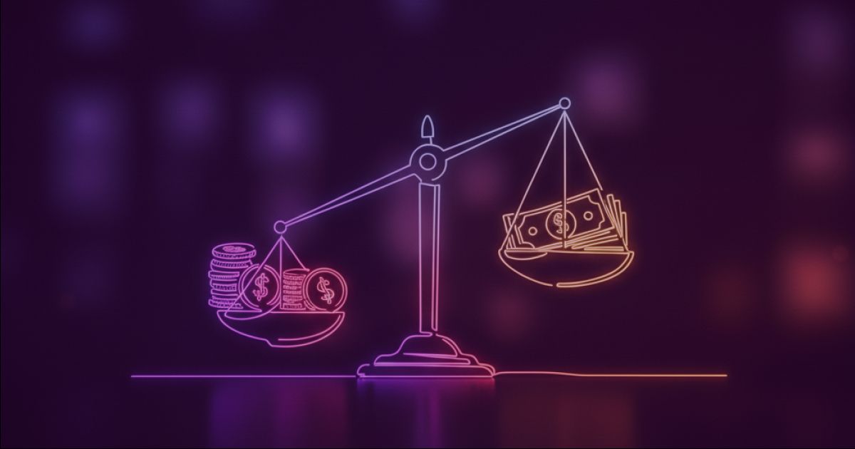 Neon colored image of  a glowing balance scale with coins and banknotes on either side, symbolizing financial balance. and assets