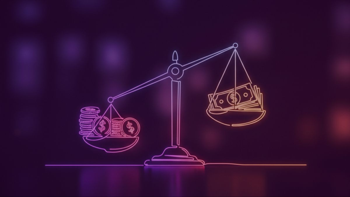 Neon colored image of  a glowing balance scale with coins and banknotes on either side, symbolizing financial balance. and assets