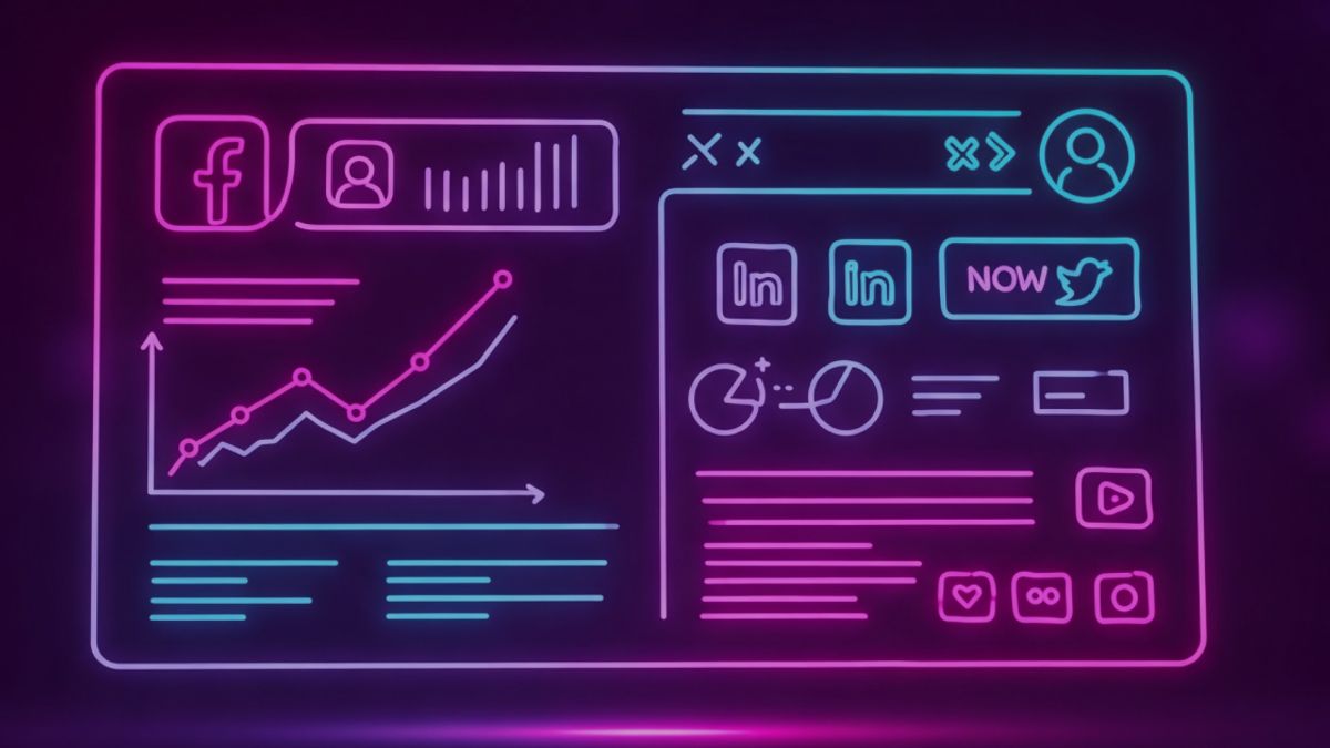 Neon colored image of a social media dashboard with various graphs, charts and icons like Facebook, Twitter and LinkedIn.