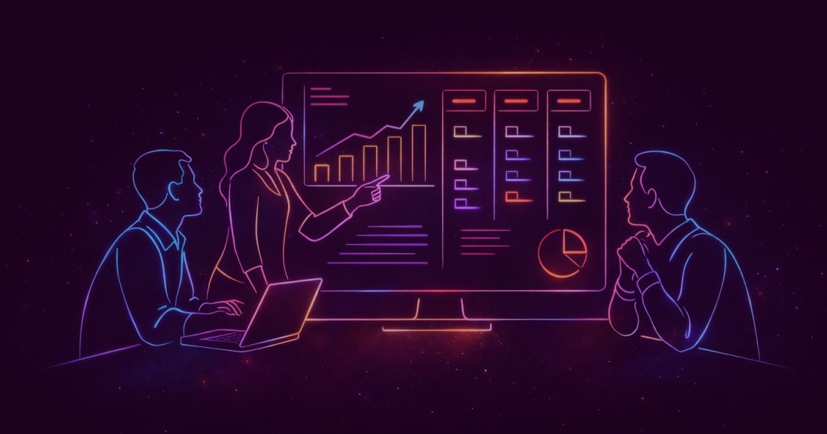 Neon colored image of a small sales team collaborating around a digital dashboard showing  sales metrics and pipeline. 