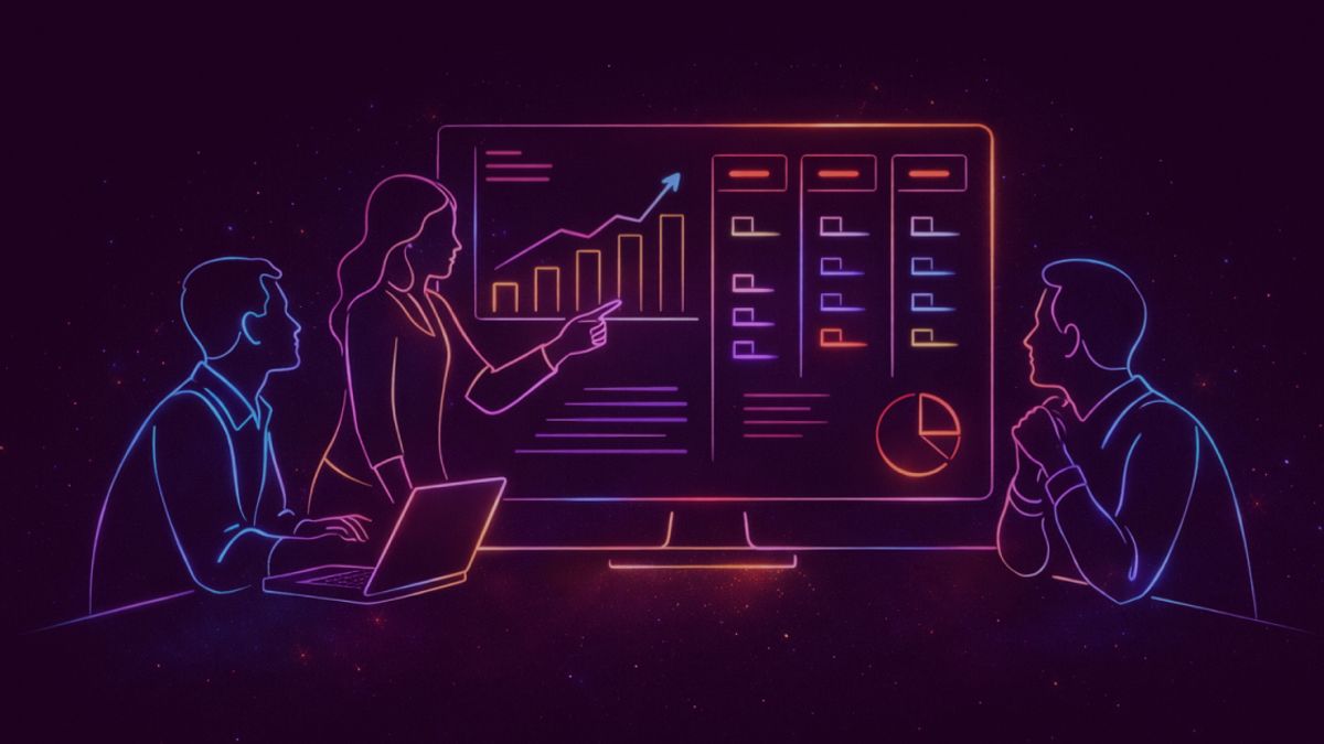 Neon colored image of a small sales team collaborating around a digital dashboard showing  sales metrics and pipeline. 