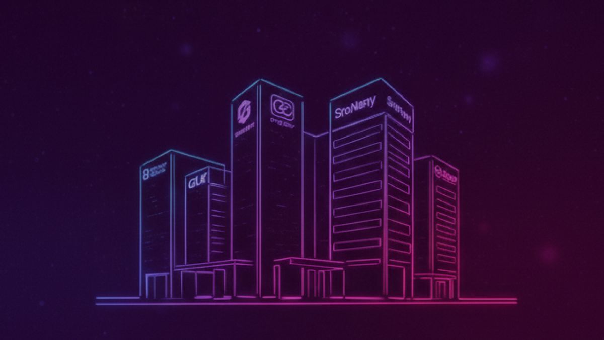 Neon colored image of a cluster of office buildings with company logos.