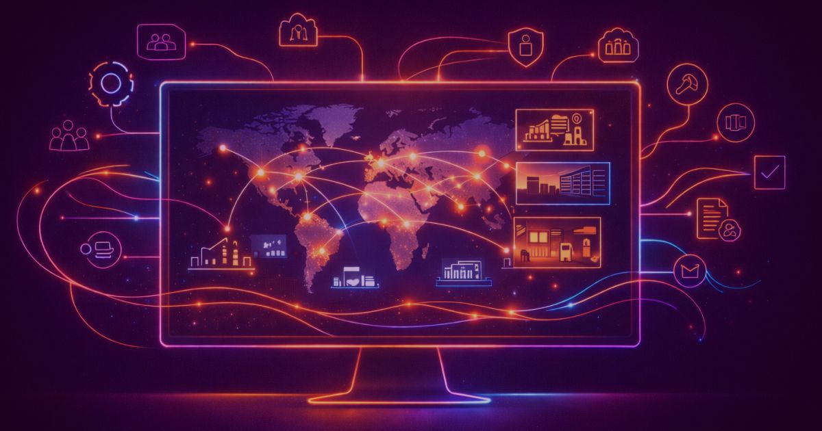 Neon-colored image of a global operational network visualized inside a large computer screen. No realistic humans, only minimal silhouette outlines or abstract shapes. The screen shows interconnected nodes across continents, small factory, warehouse, office and logistics icons linked with flowing lines. Around the screen subtle icons represent HR, legal, finance, IT security, compliance and supply chain.