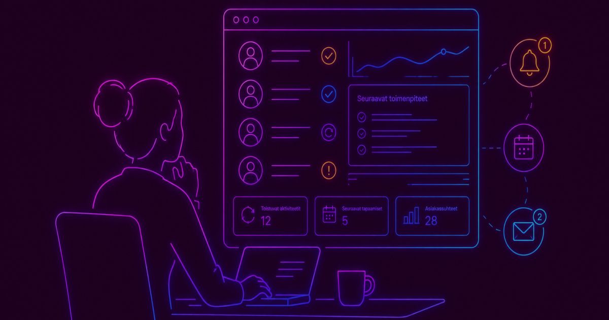 Neon colored image of a customer success manager monitoring client relationships through a digital dashboard with recurring activity indicators.