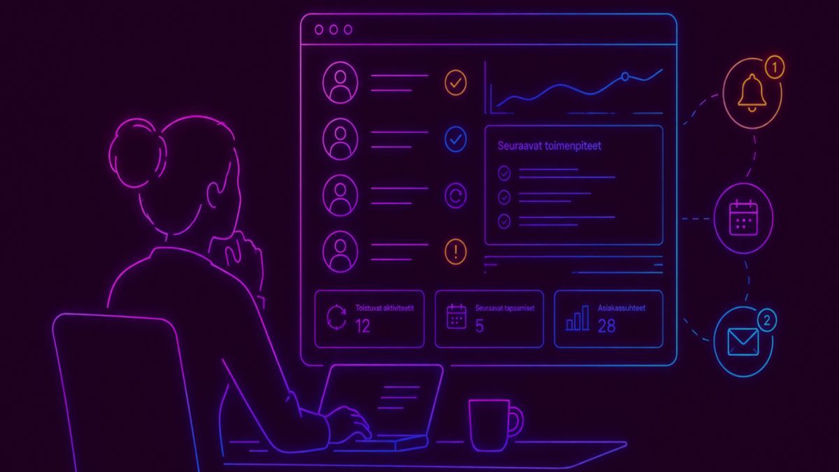 Neon colored image of a customer success manager monitoring client relationships through a digital dashboard with recurring activity indicators.