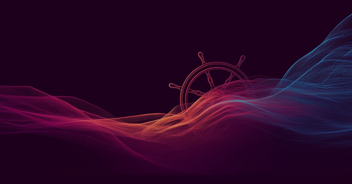 Neonviivapiirros: laivan ruori ja virtaavat viivat muodostavat aluksen ja neuroverkon aallon tummalla taustalla.