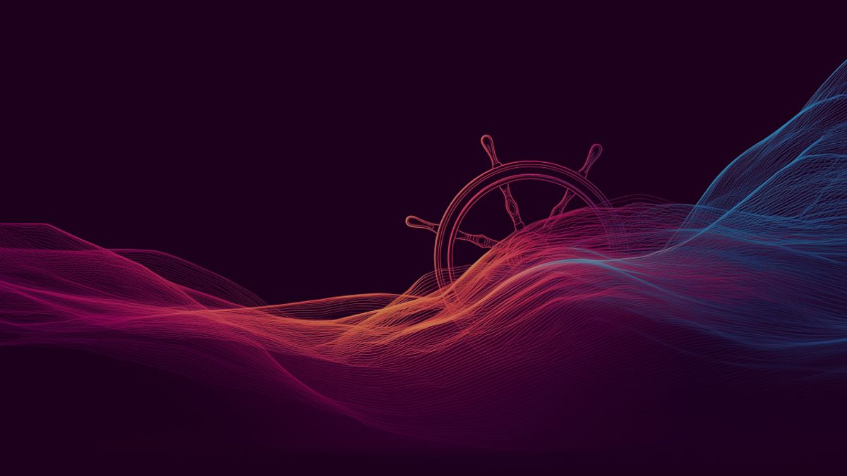 Neonviivapiirros: laivan ruori ja virtaavat viivat muodostavat aluksen ja neuroverkon aallon tummalla taustalla.