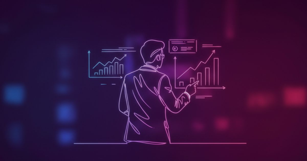 Neon colored image of a dynamic CEO looking at charts of business growth and success.