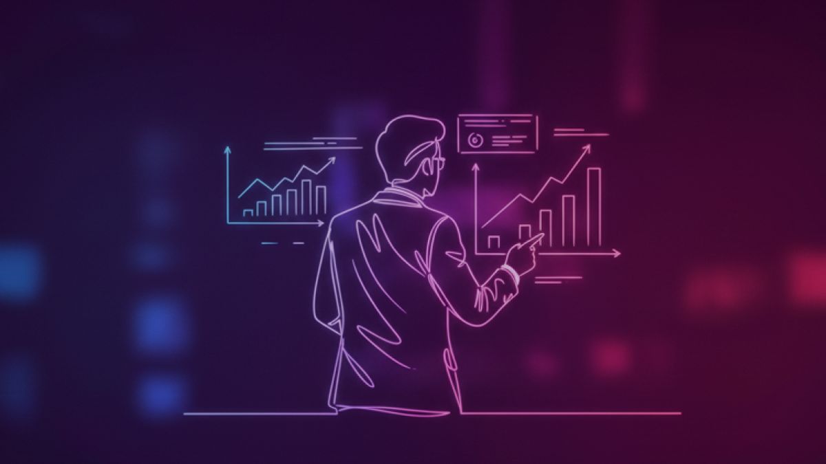 Neon colored image of a dynamic CEO looking at charts of business growth and success.