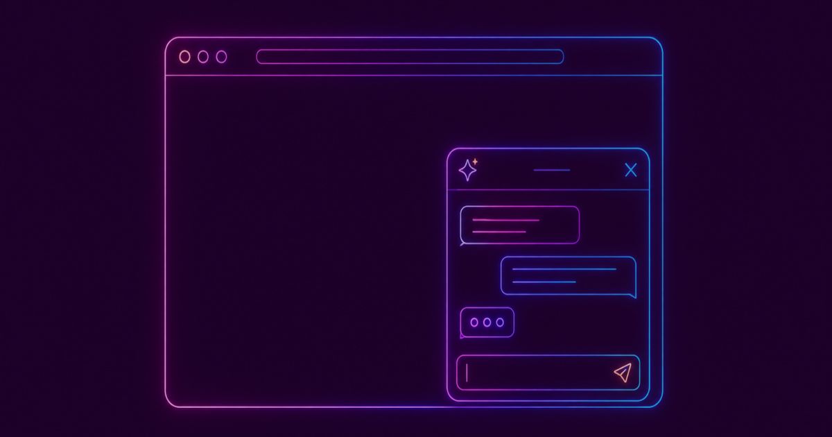 Neon colored image of a minimal browser window outline with a chatbot window open in the bottom right corner, showing rounded message bubbles, three typing dots, a small AI sparkle icon and a text input bar.