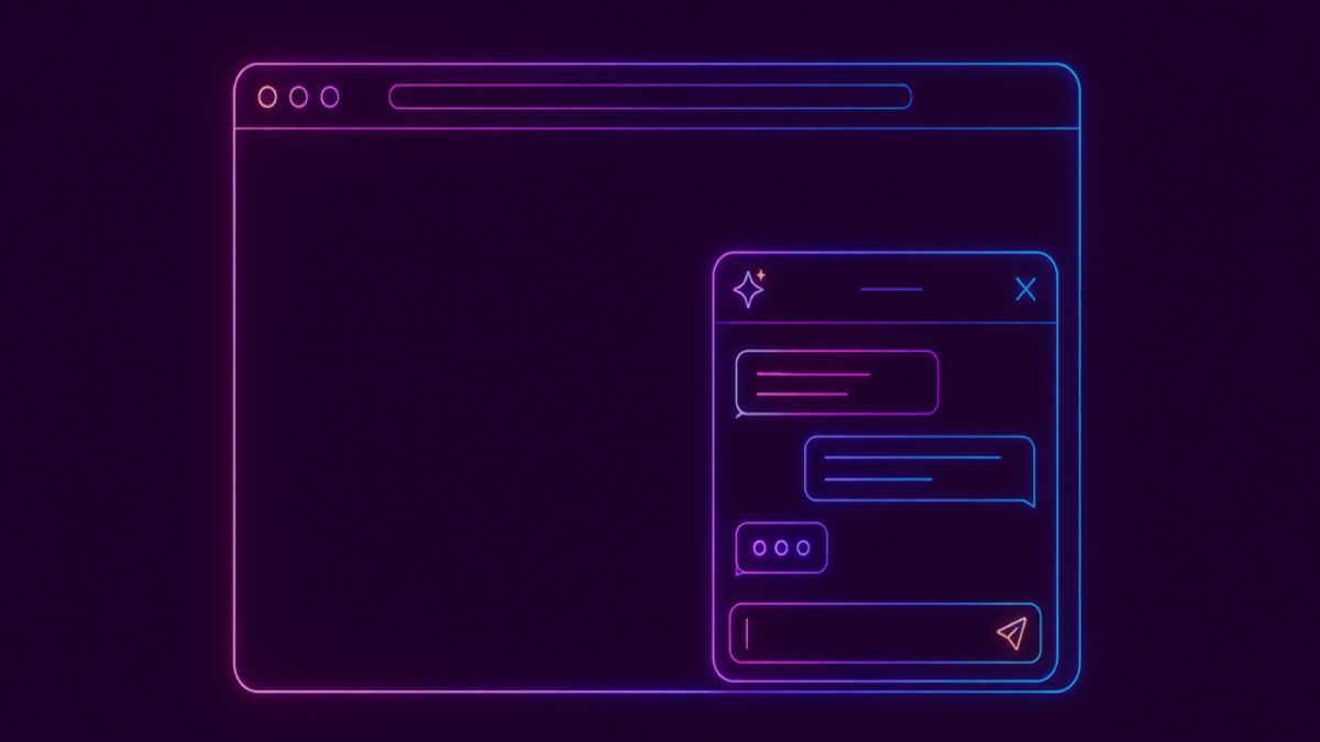 Neon colored image of a minimal browser window outline with a chatbot window open in the bottom right corner, showing rounded message bubbles, three typing dots, a small AI sparkle icon and a text input bar.