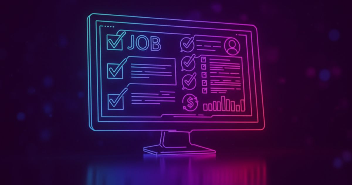 Neon colored image of a job advertisement on a screen with checkmarks and symbols resembling sustainability.
