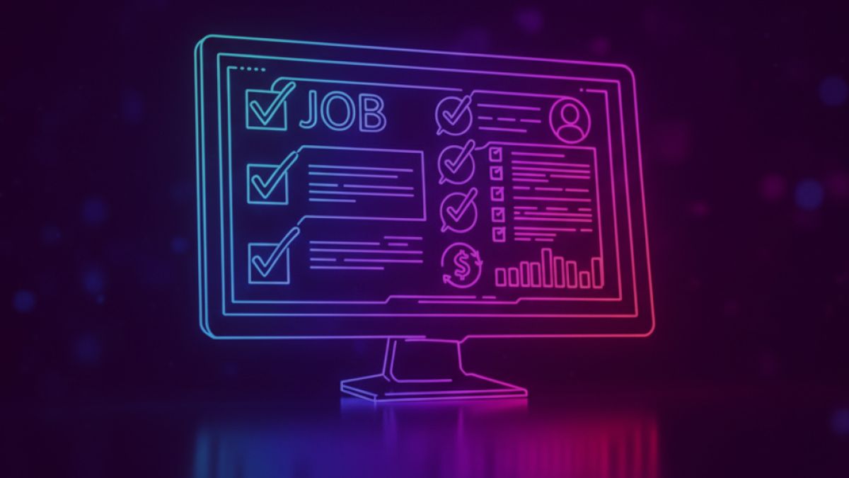 Neon colored image of a job advertisement on a screen with checkmarks and symbols resembling sustainability.
