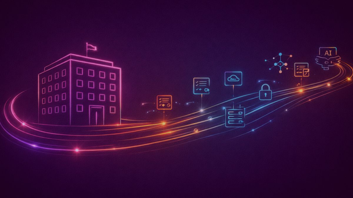 Neon colored image of a classic company building with a long flowing timeline line emerging from it, symbolizing decades of history and experience. Digital elements appear subtly along the timeline.