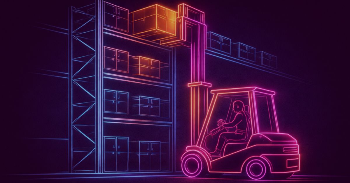 Neon colored image of a forklift with a driver lifting a heavy box from a high warehouse shelf. 