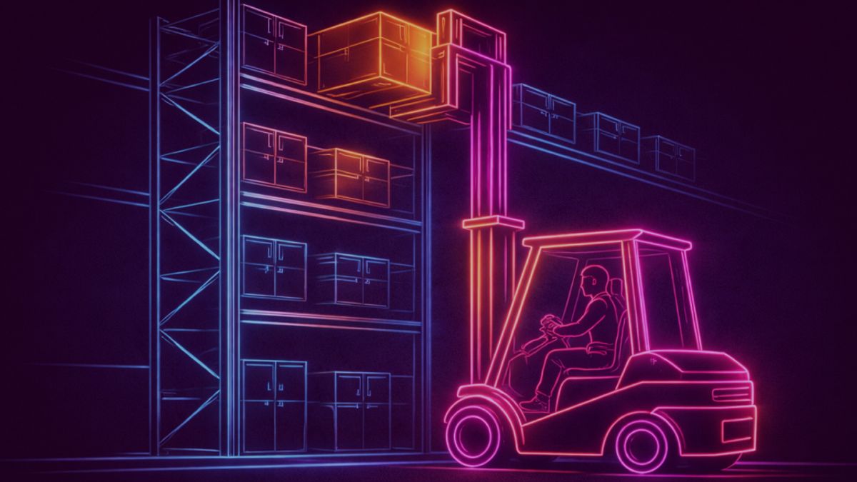 Neon colored image of a forklift with a driver lifting a heavy box from a high warehouse shelf. 