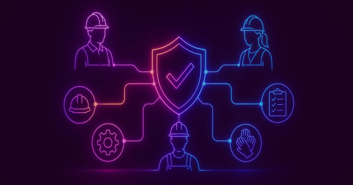 Neon colored image of a safety shield connected through glowing lines to factory workers, safety helmets, gears and checklist icons.