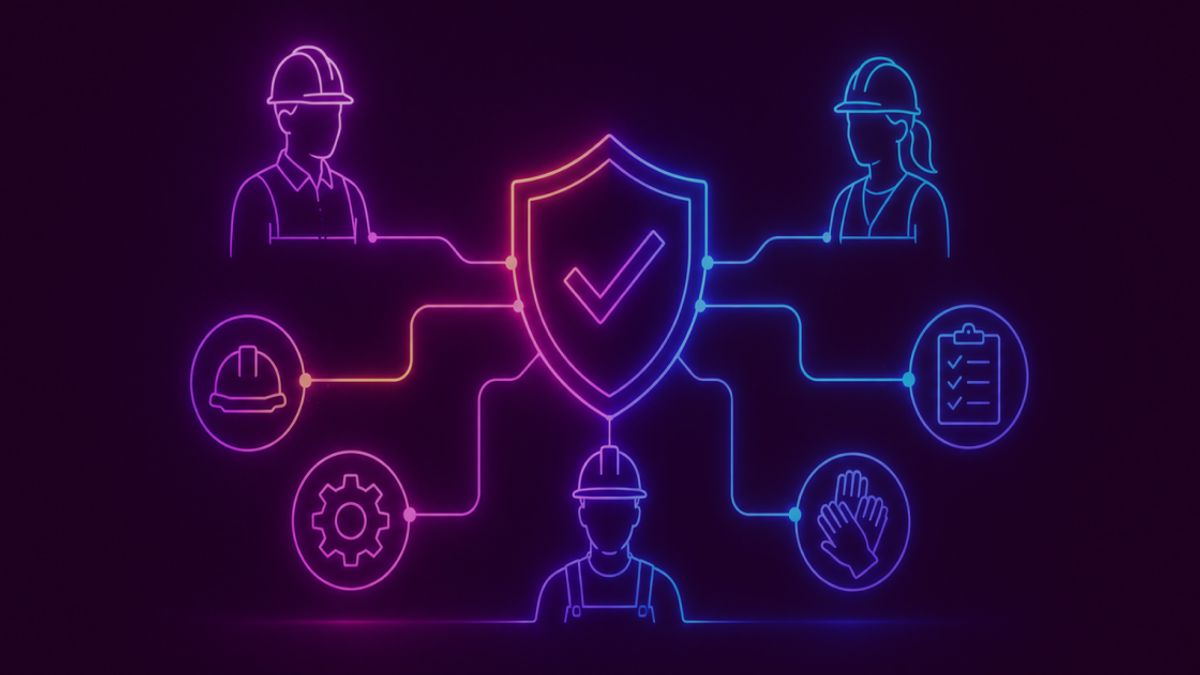 Neon colored image of a safety shield connected through glowing lines to factory workers, safety helmets, gears and checklist icons.