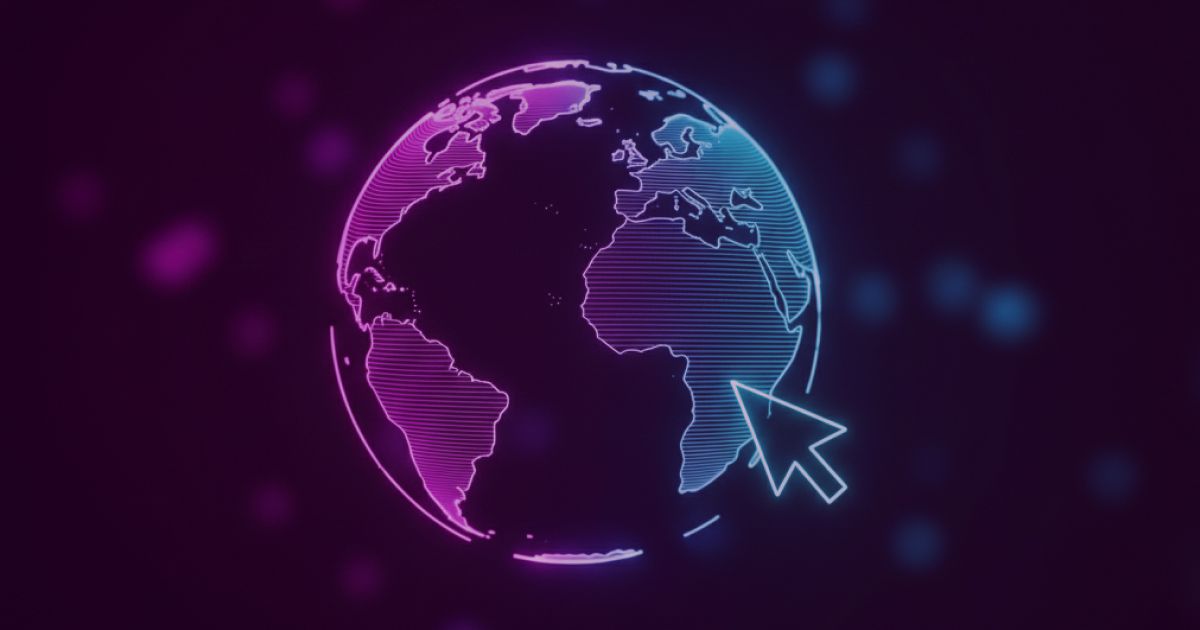 Neon colored image of a digital wireframe globe with a bright neon cursor pointing at it, representing domain name selection.
