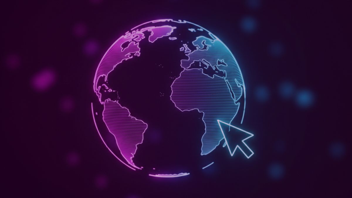 Neon colored image of a digital wireframe globe with a bright neon cursor pointing at it, representing domain name selection.