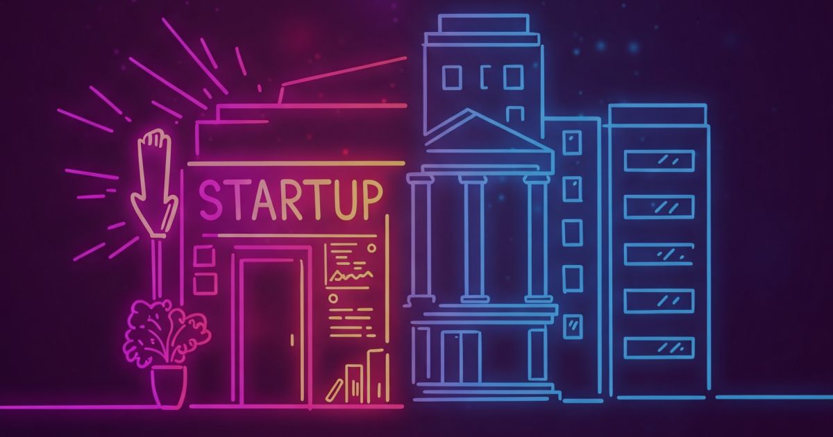 Neon colored image of a vibrant startup office on one side and a classic, stable corporate headquarters on the other.