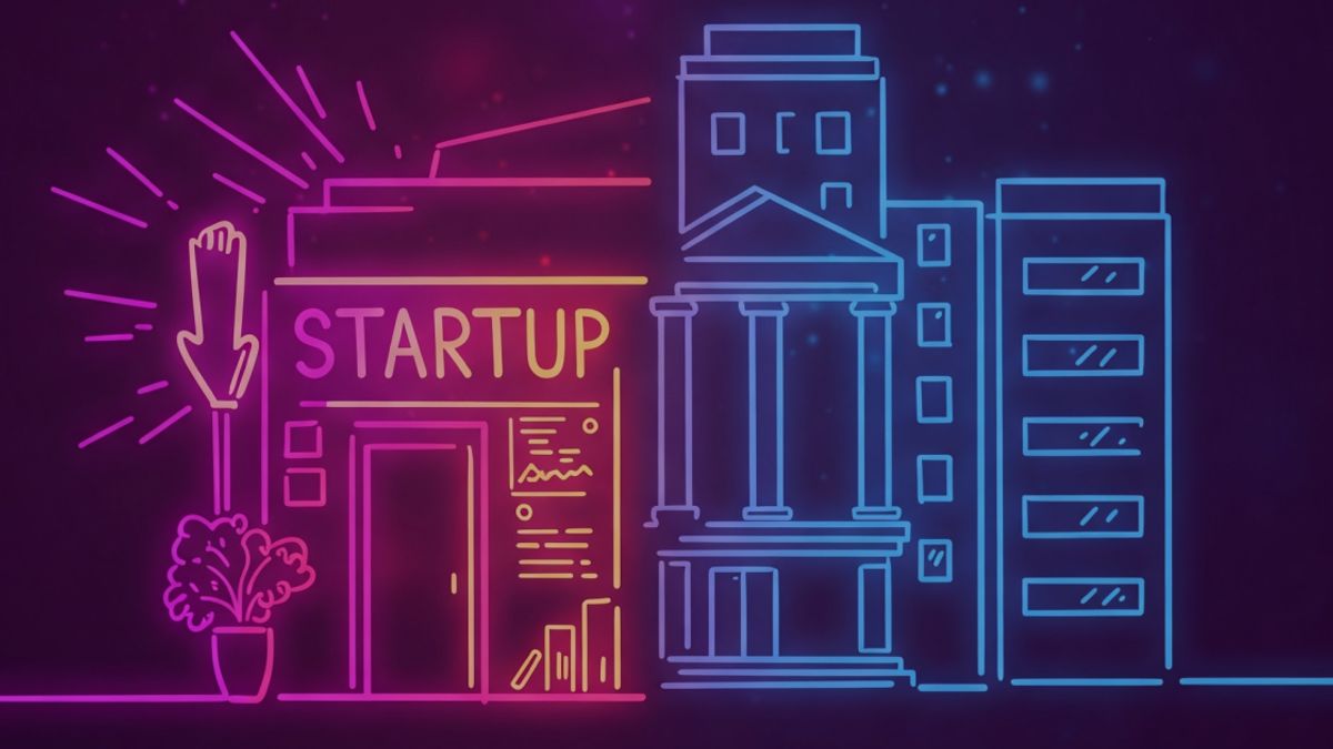 Neon colored image of a vibrant startup office on one side and a classic, stable corporate headquarters on the other.