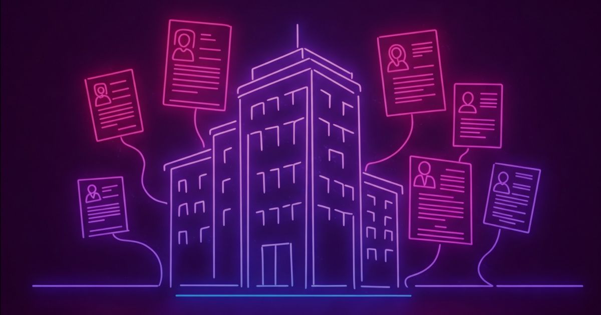 Neon colored image of a multiple glowing job ads clustered around a office building.