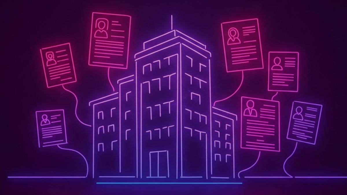Neon colored image of a multiple glowing job ads clustered around a office building.