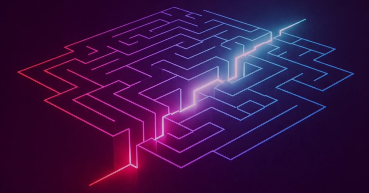 Neon colored image of a maze with a new glowing path emerging through it.