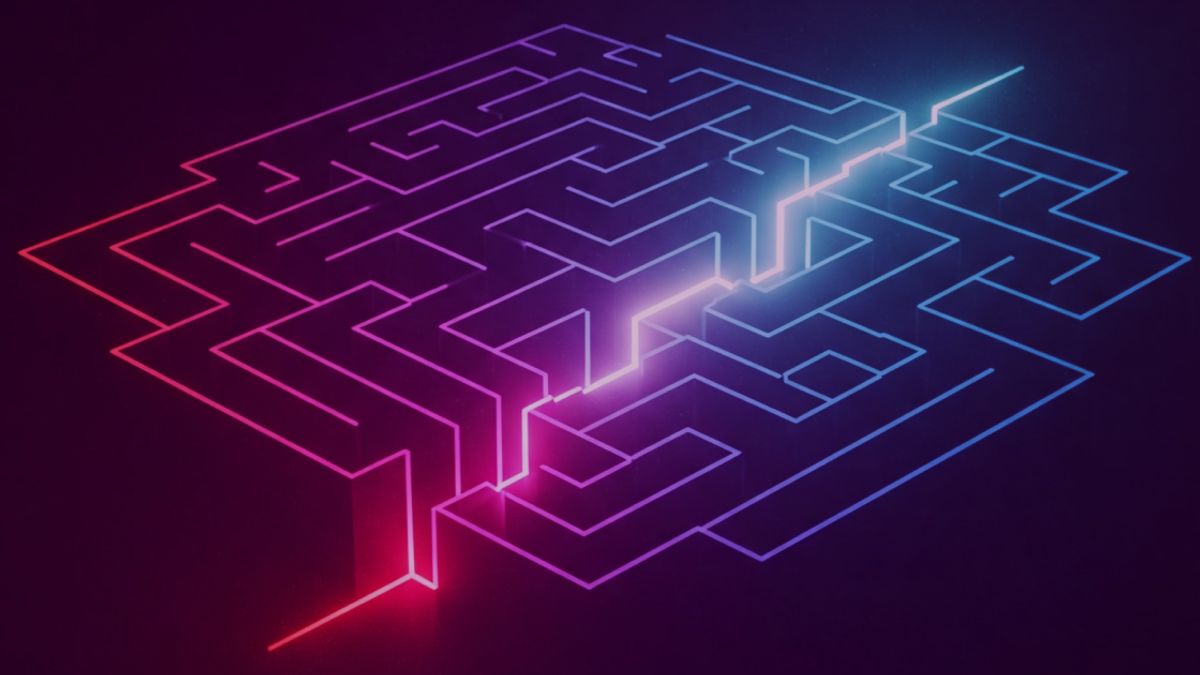 Neon colored image of a maze with a new glowing path emerging through it.