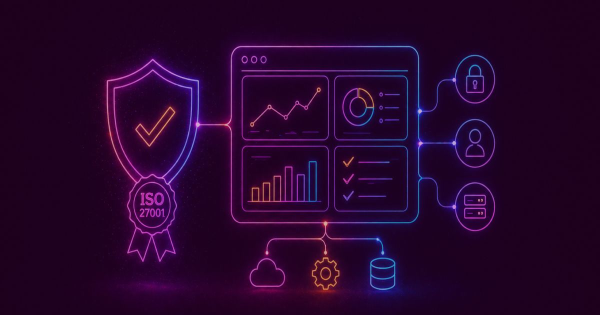 Neon colored image of a secure digital system with a shield badge and checkmark connected to a business dashboard, symbolizing certified information security.